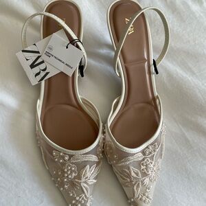 Zara Cream Heeled Slingback Shoes with Floral Embroidery